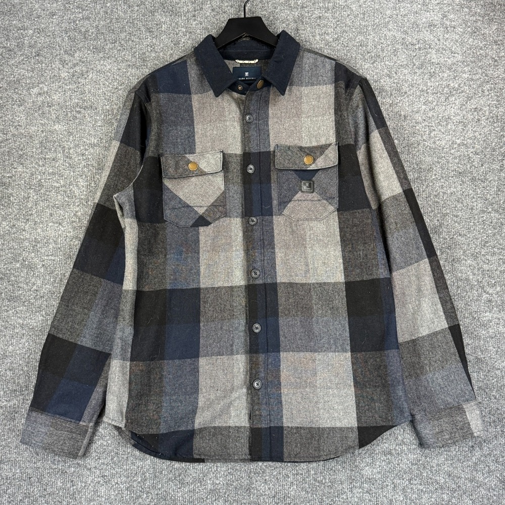 Roark Revival Flannel Shirt Mens L Blue Gray Plaid Wool Blend Elbow Patch